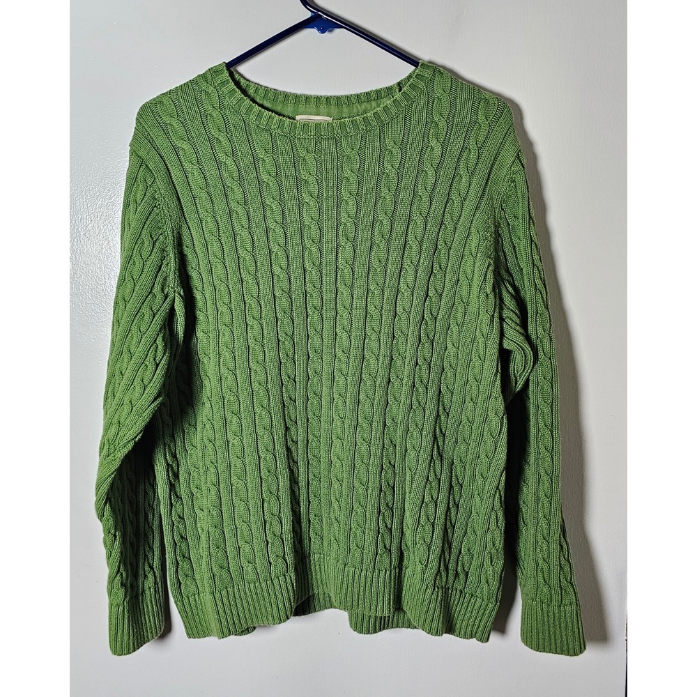 LL Bean Womens Sz 1X Green Cable Knit Cotton Sweater Crew Neck Pullover 0HNR6